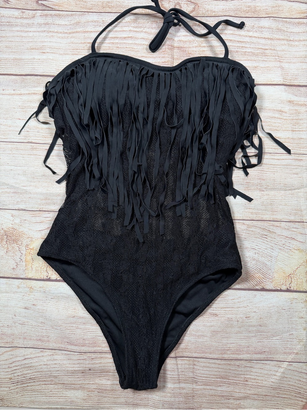 Women’s Black‎ One-Piece Swimsuit Front Fringe Sheer Mesh Festival Rave